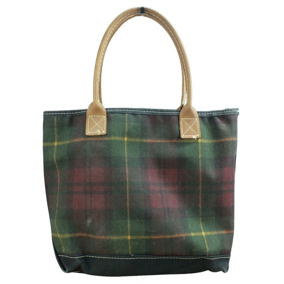 Vintage LL Bean Boat & Tote Multi Tartan Plaid Canvas Leather Handle Zip Top Bag - Picture 1 of 12